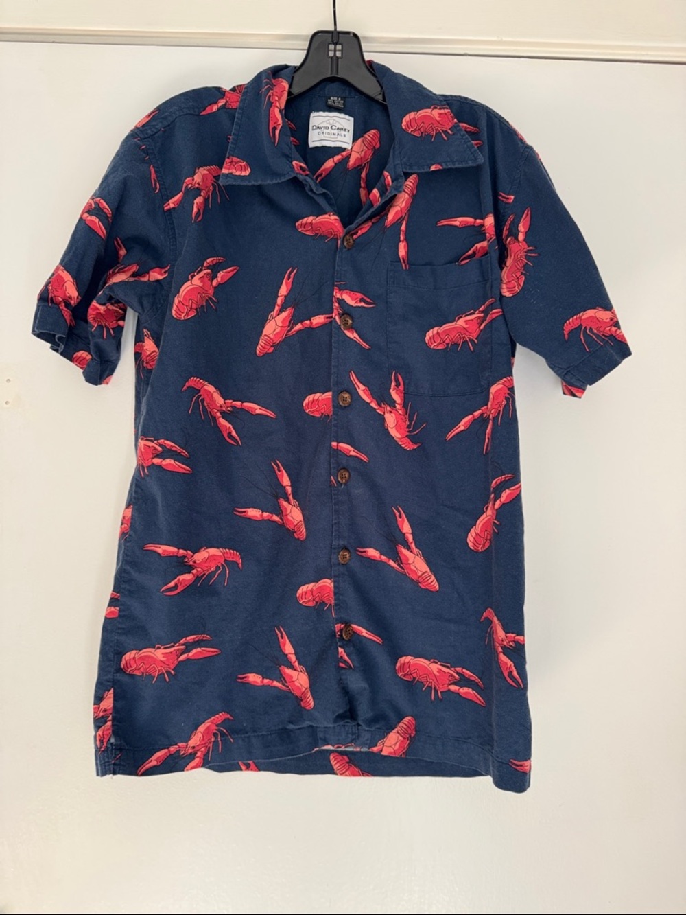 David Carey Originals Navy Camp Shirt with Red Lobster Print